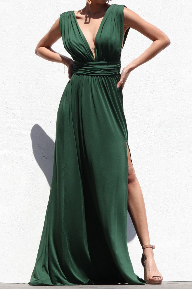 Maxi Dress with Deep V-Neck and Draped Front Tie - White