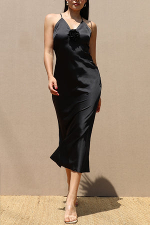 DD7708, V NECK SATIN MIDI DRESS