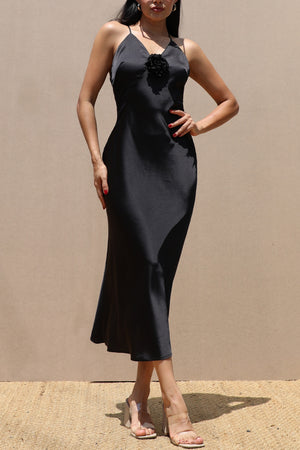 DD7708, V NECK SATIN MIDI DRESS