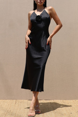 DD7708, V NECK SATIN MIDI DRESS