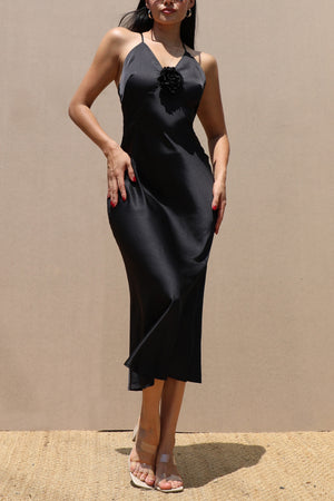 DD7708, V NECK SATIN MIDI DRESS