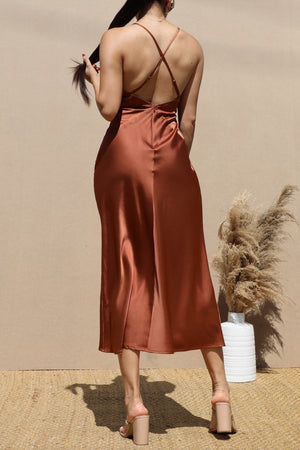 DD7708, V NECK SATIN MIDI DRESS