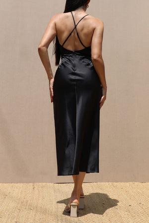 DD7708, V NECK SATIN MIDI DRESS
