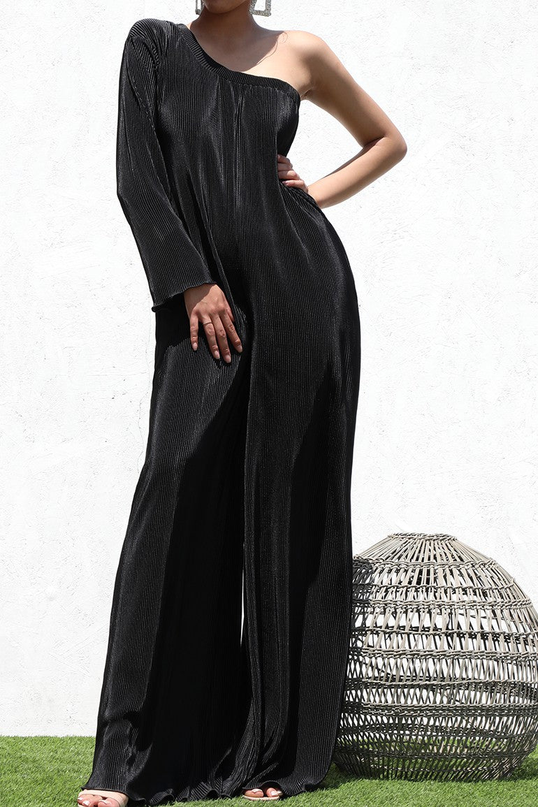 DD4704, PLEATED ONE SHOULDER JUMPSUIT