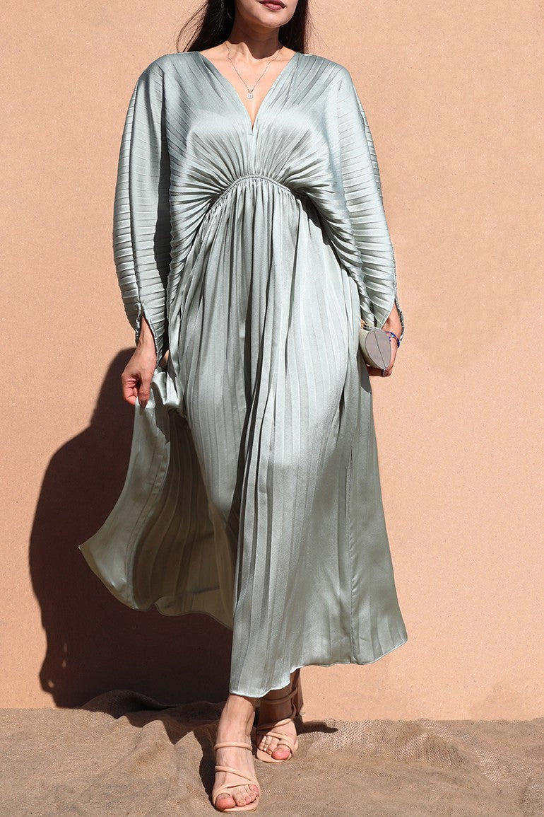 DD4923, PLEATED V NECK SATIN LONG DRESS