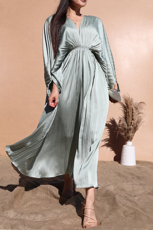 DD4923, PLEATED V NECK SATIN LONG DRESS