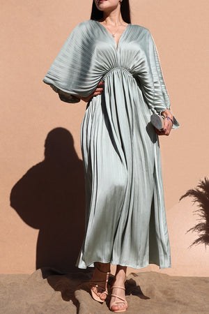 DD4923, PLEATED V NECK SATIN LONG DRESS