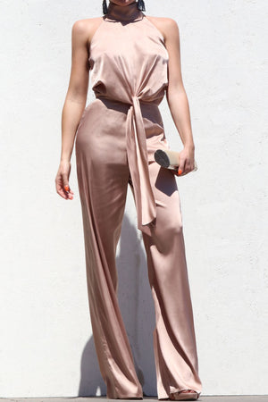 DD4018, NECK BAND SATIN JUMPSUIT WITH TIE DETAIL