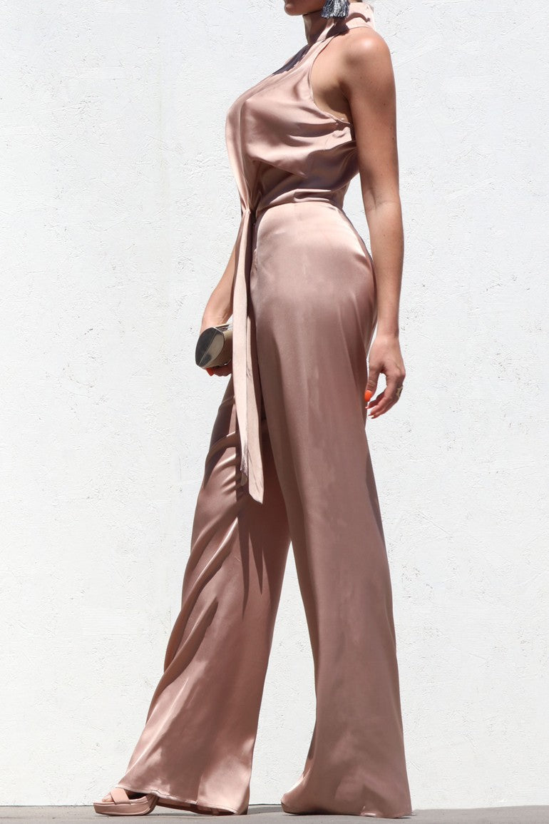 DD4018, NECK BAND SATIN JUMPSUIT WITH TIE DETAIL