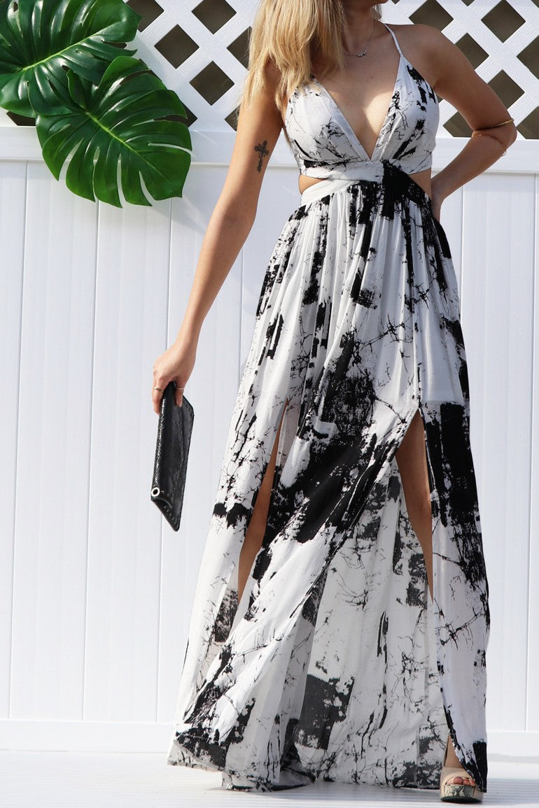 DD1578, PRINTED V NECK WOVEN MAXI DRESS