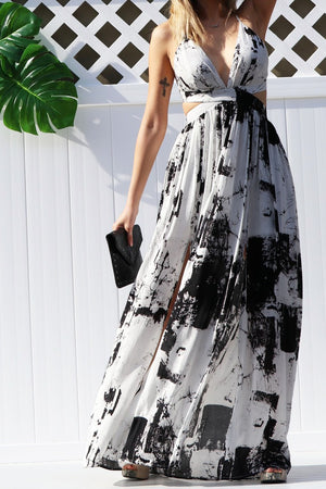 DD1578, PRINTED V NECK WOVEN MAXI DRESS