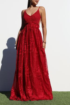 DD3141, LACE OVERLAY BACKLESS MAXI DRESS