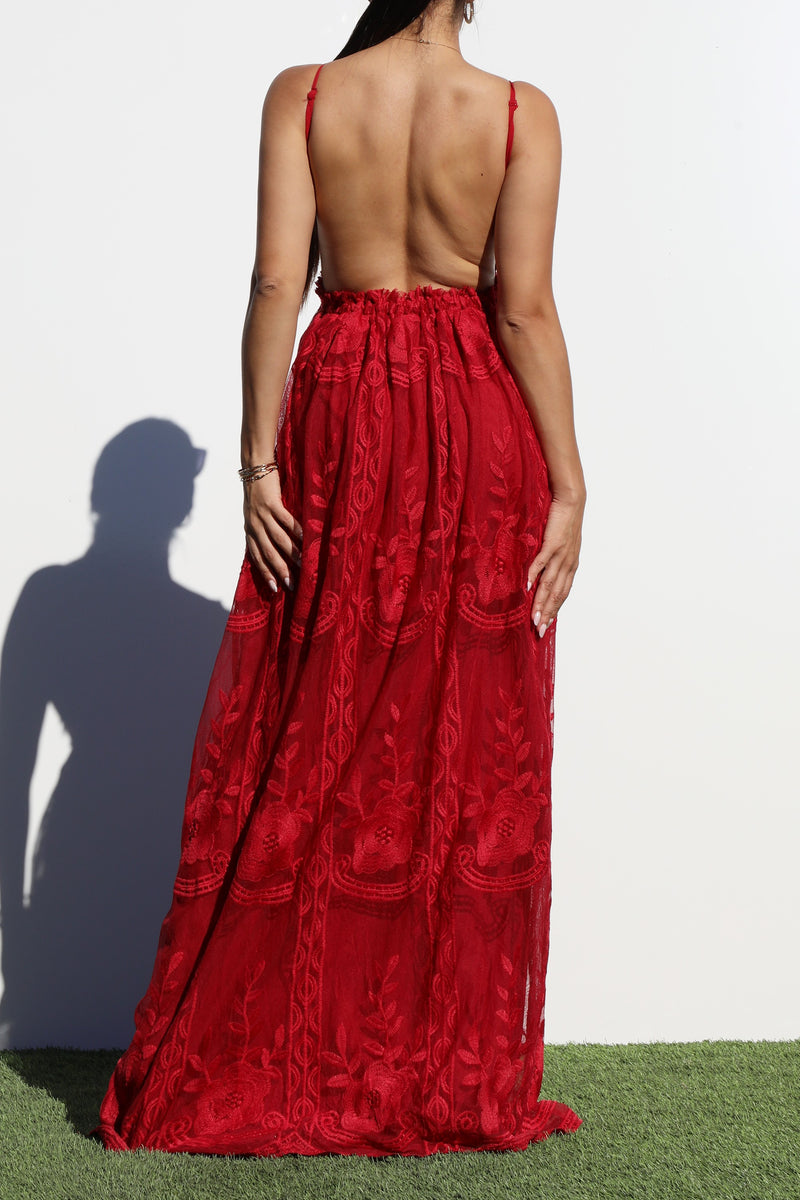 DD3141, LACE OVERLAY BACKLESS MAXI DRESS