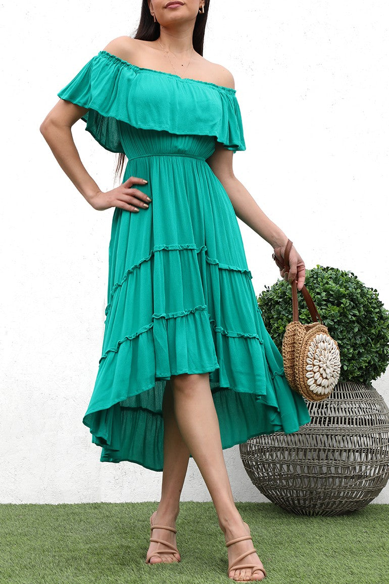 DD4223, HI LOW OFF SHOULDER WOVEN DRESS