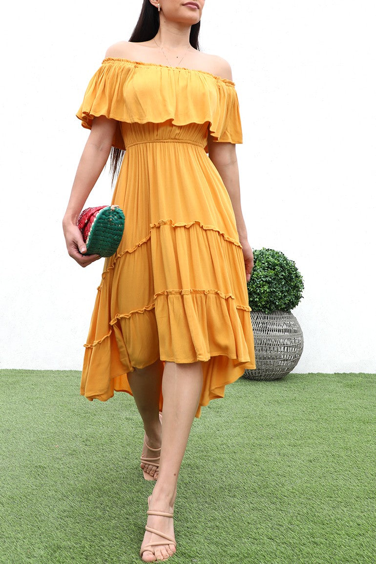 DD4223, HI LOW OFF SHOULDER WOVEN DRESS