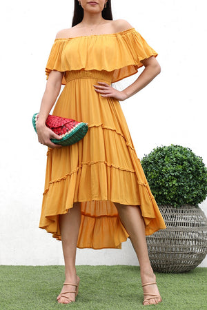 DD4223, HI LOW OFF SHOULDER WOVEN DRESS