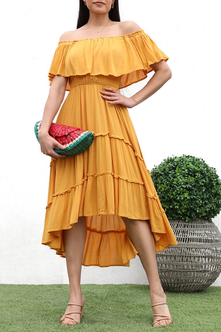 DD4223, HI LOW OFF SHOULDER WOVEN DRESS