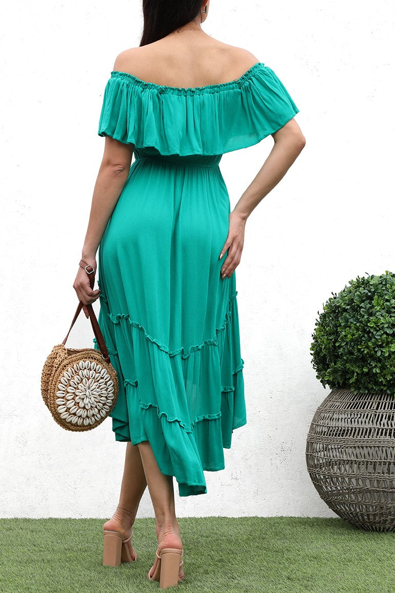 DD4223, HI LOW OFF SHOULDER WOVEN DRESS