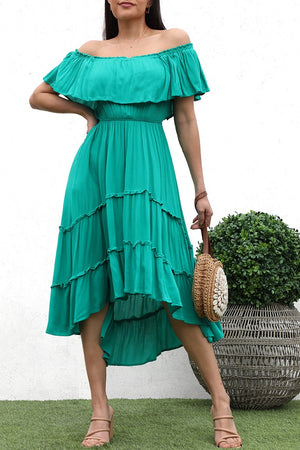 DD4223, HI LOW OFF SHOULDER WOVEN DRESS