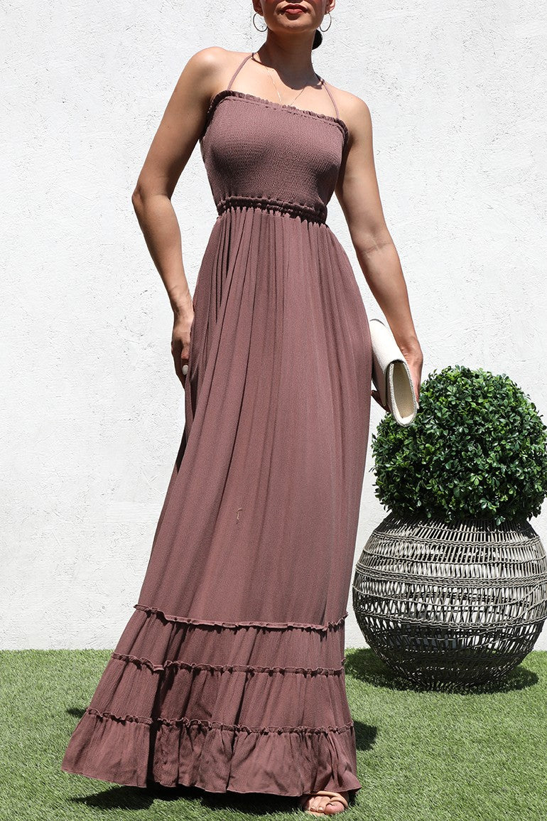 DD4241, SMOCKED WOVEN MAXI DRESS
