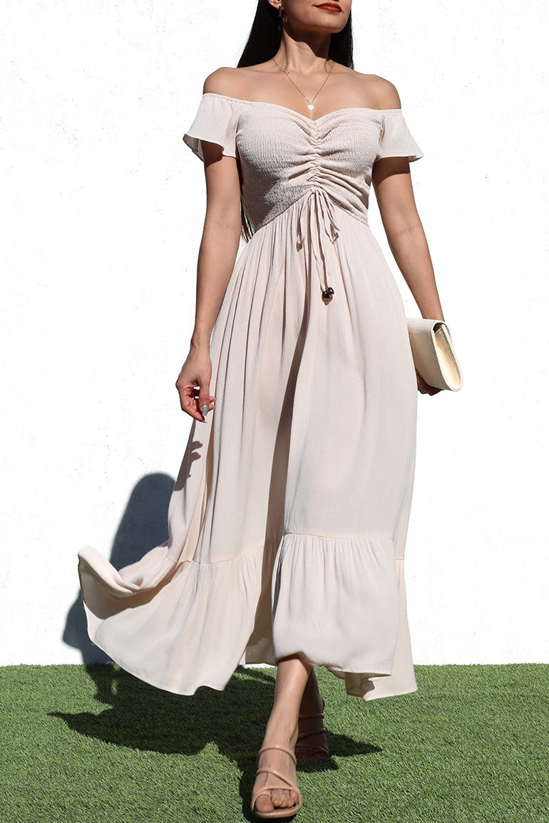 DD4217, SMOCKED TOP WOVEN LONG DRESS