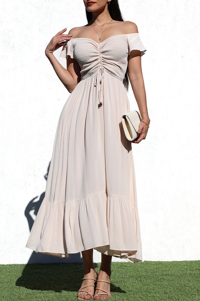 DD4217, SMOCKED TOP WOVEN LONG DRESS