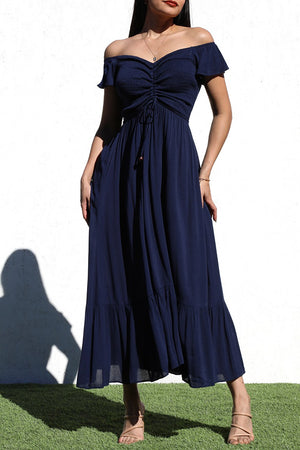 DD4217, SMOCKED TOP WOVEN LONG DRESS