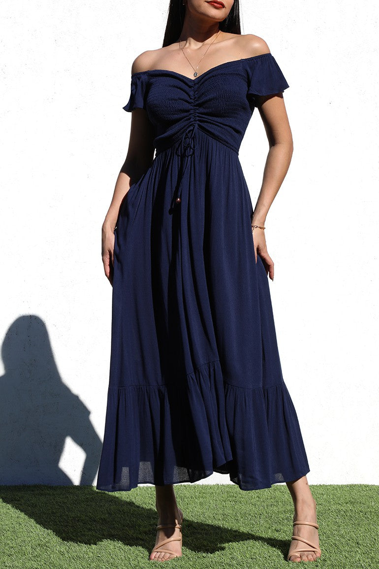 DD4217, SMOCKED TOP WOVEN LONG DRESS