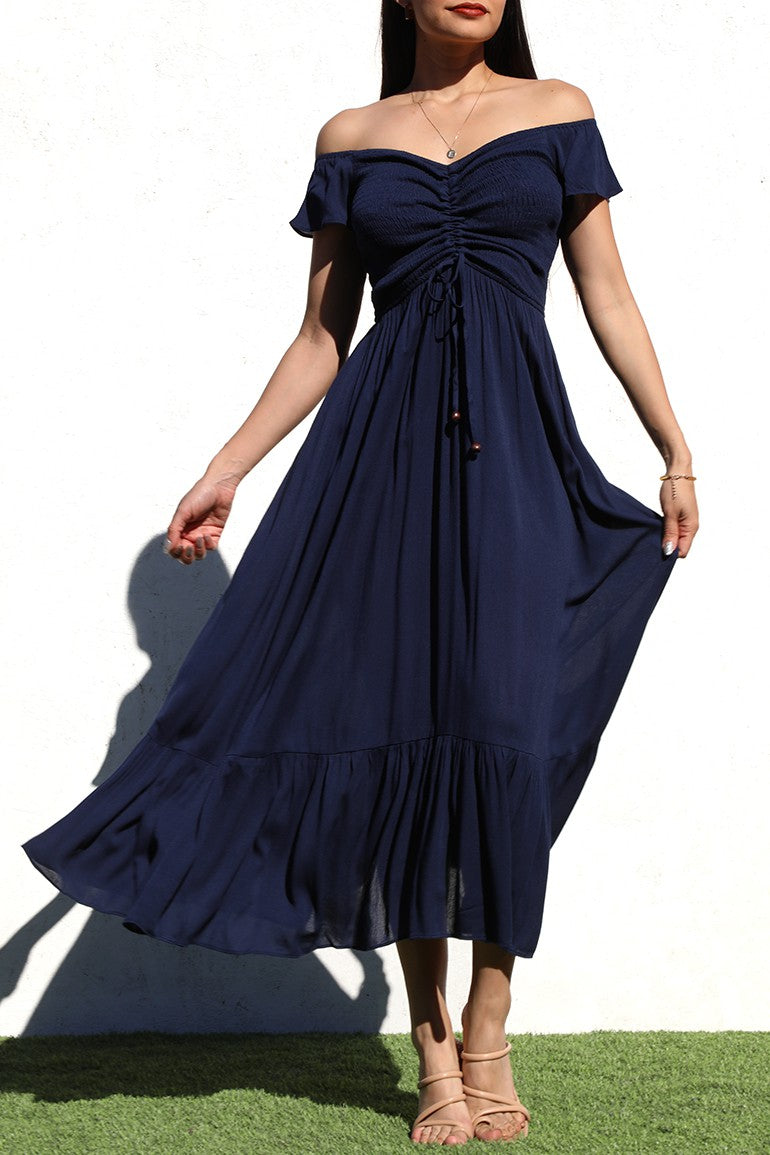 DD4217, SMOCKED TOP WOVEN LONG DRESS