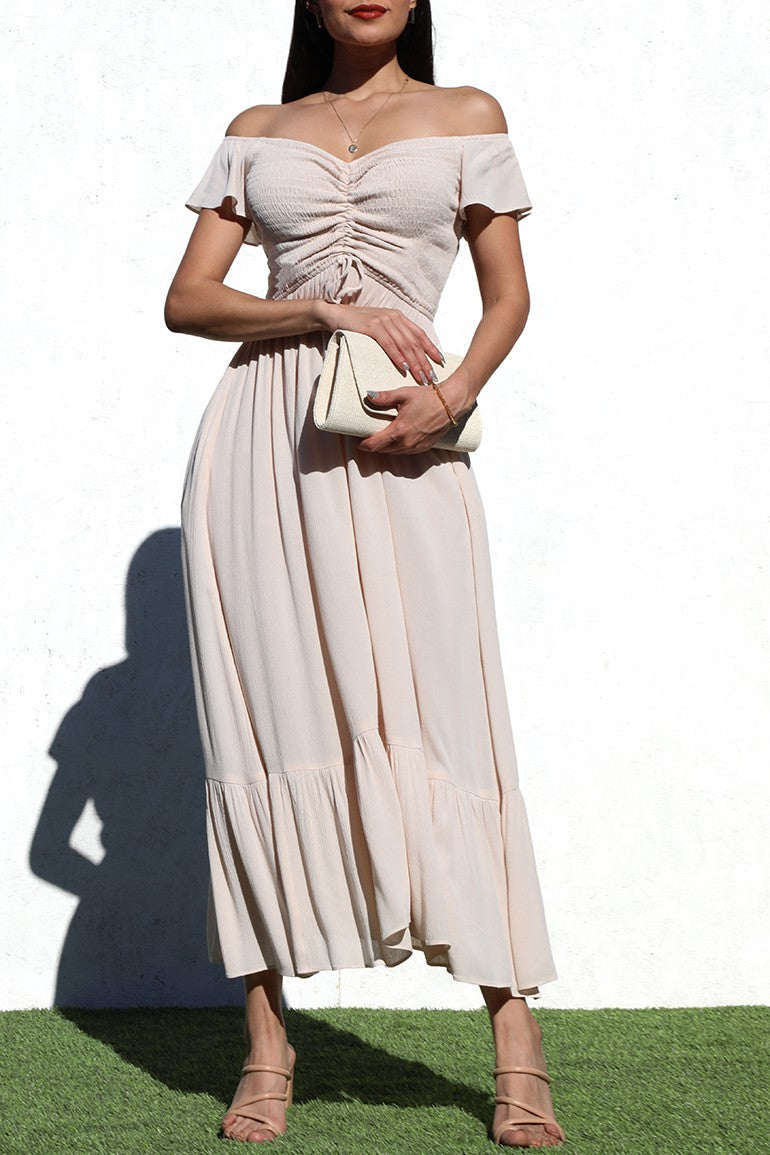 DD4217, SMOCKED TOP WOVEN LONG DRESS