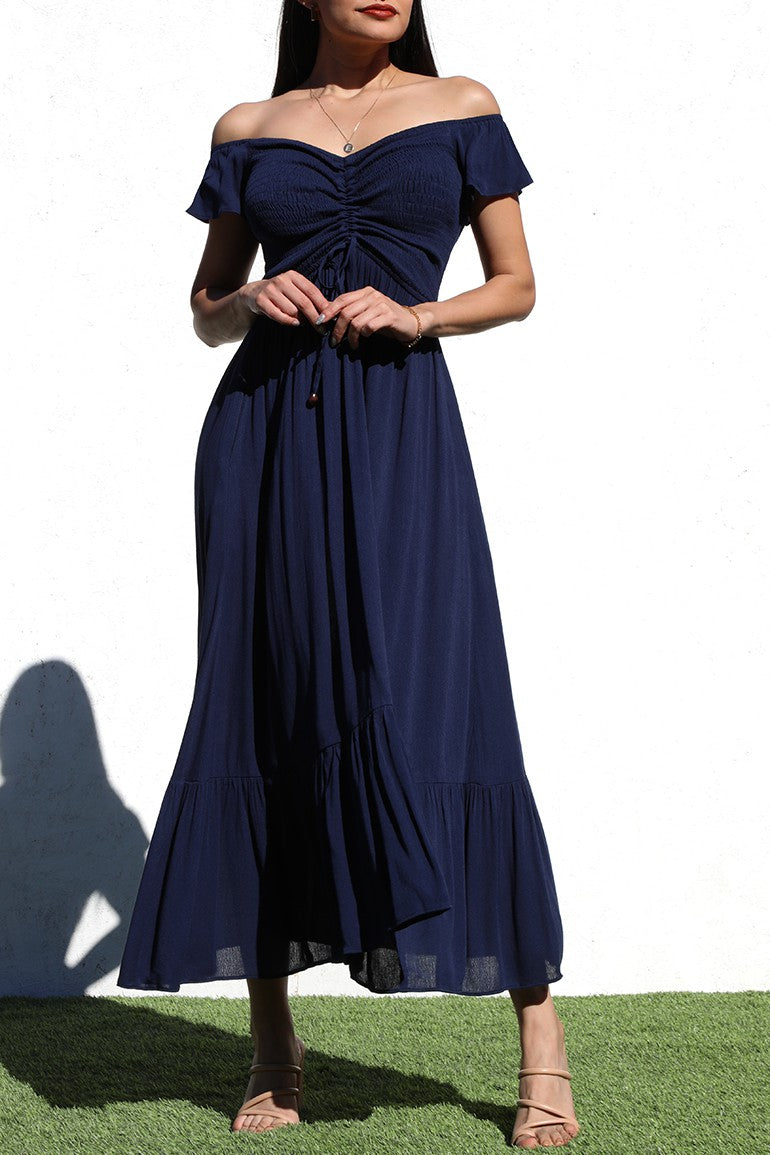 DD4217, SMOCKED TOP WOVEN LONG DRESS