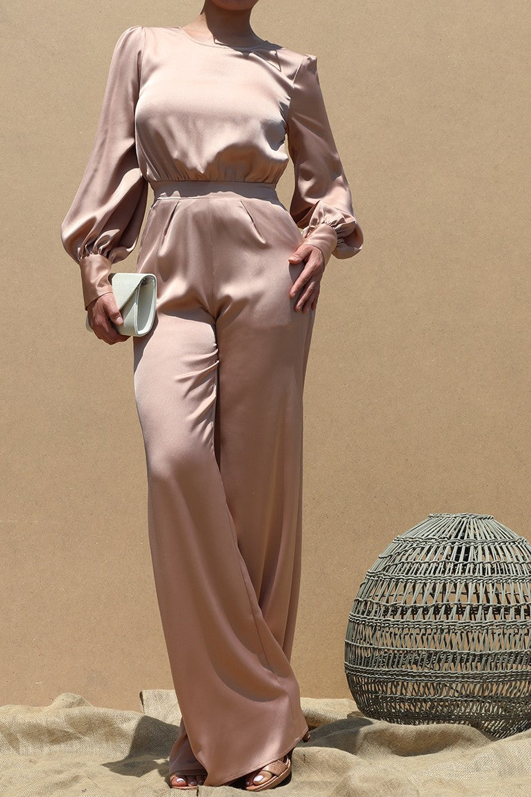 DD1457, PUFF SLEEVES SATIN JUMPSUIT