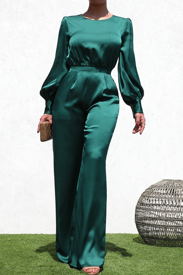 DD1457, PUFF SLEEVES SATIN JUMPSUIT