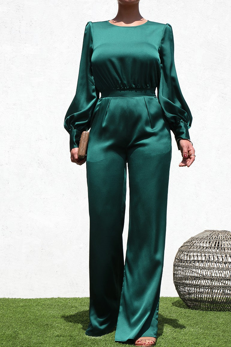 DD1457, PUFF SLEEVES SATIN JUMPSUIT