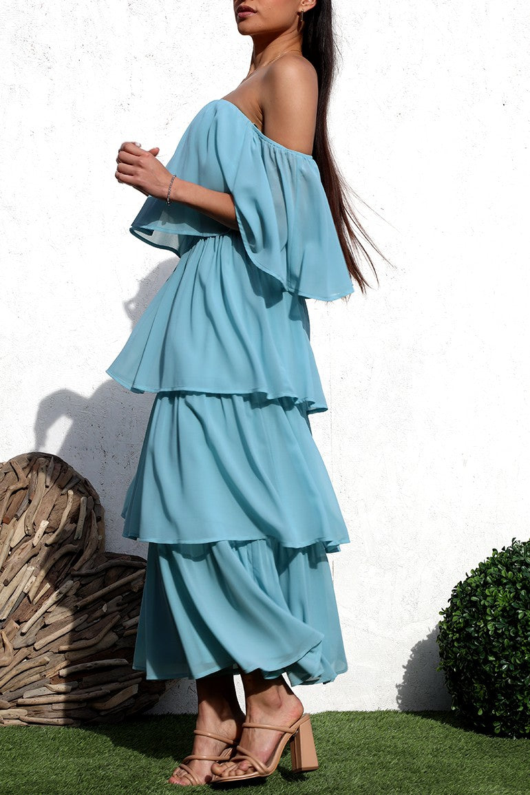 DD4372, OFF SHOULDER WOVEN MIDI DRESS