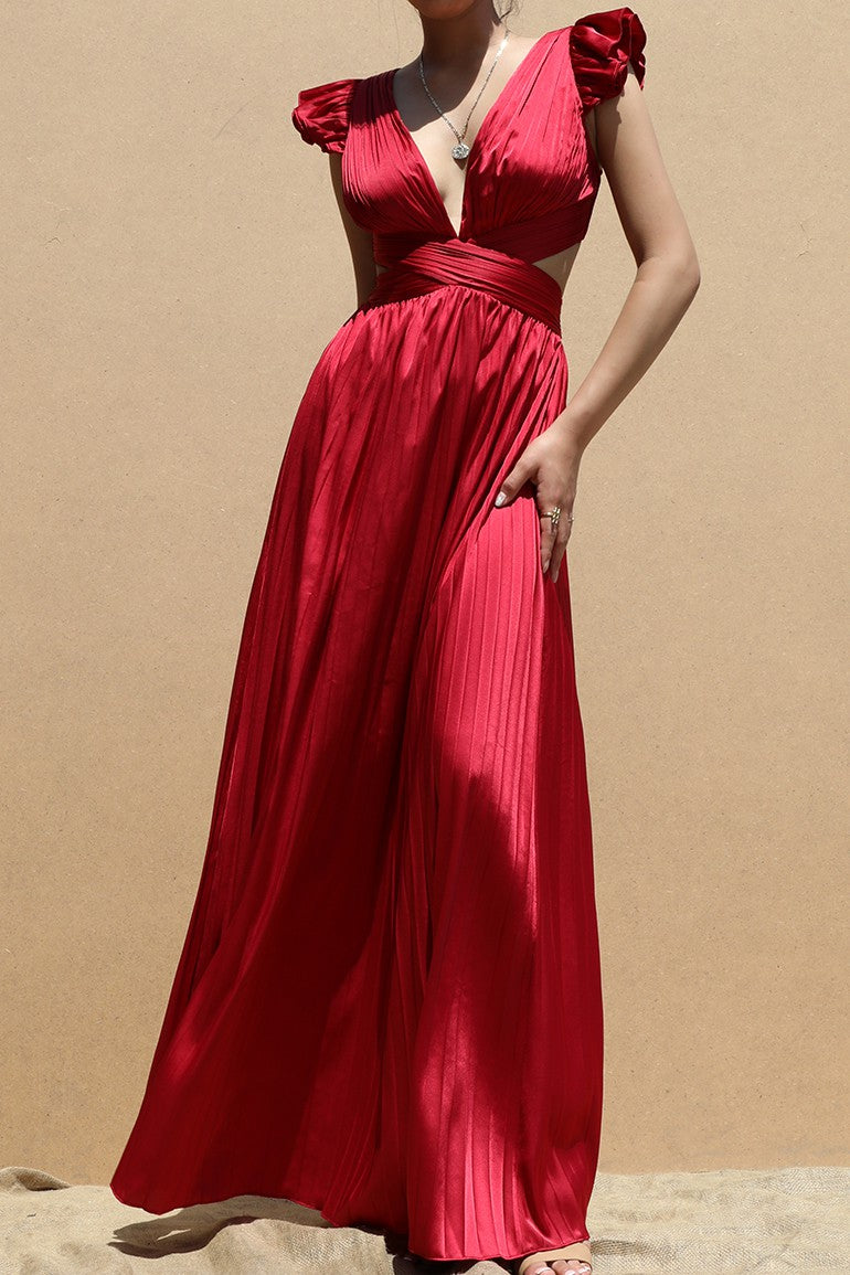 DD4774, PLEATED LACE UP SATIN MAXI DRESS