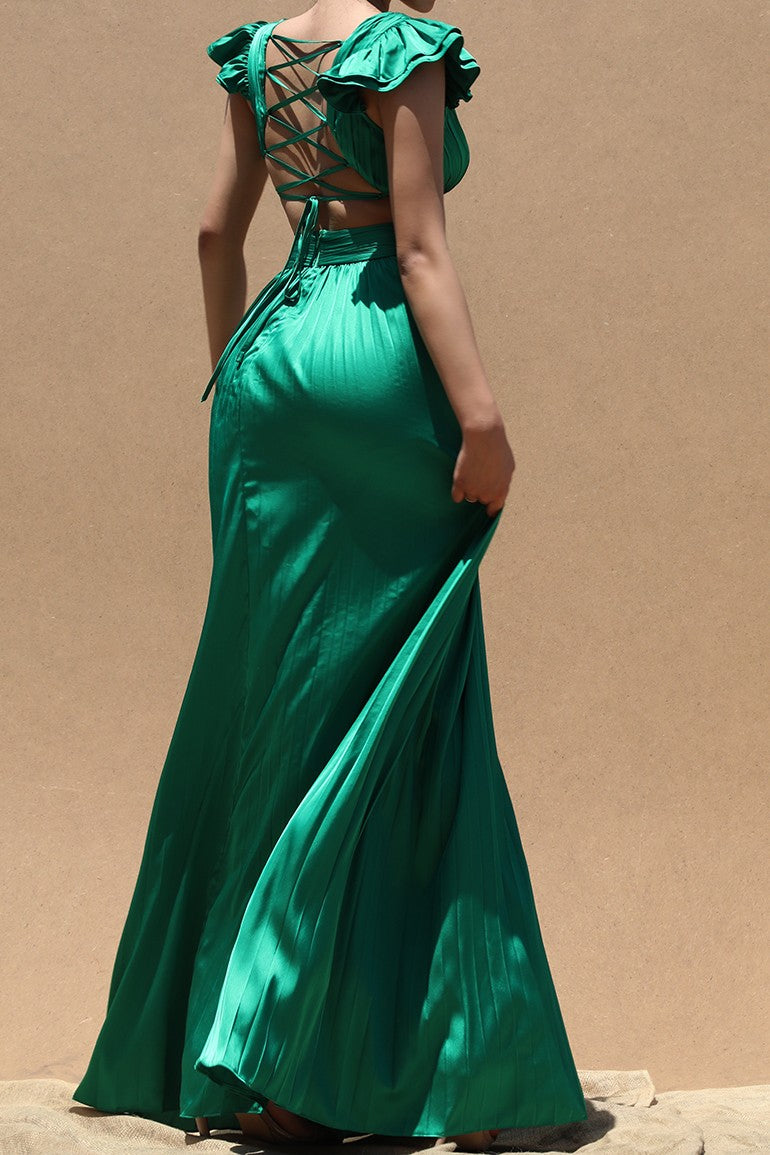 DD4774, PLEATED LACE UP SATIN MAXI DRESS