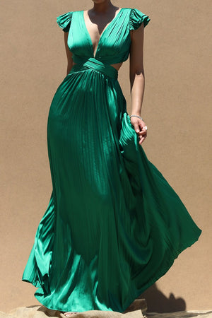 DD4774, PLEATED LACE UP SATIN MAXI DRESS