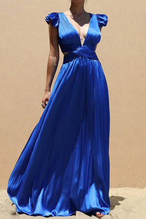 DD4774, PLEATED LACE UP SATIN MAXI DRESS