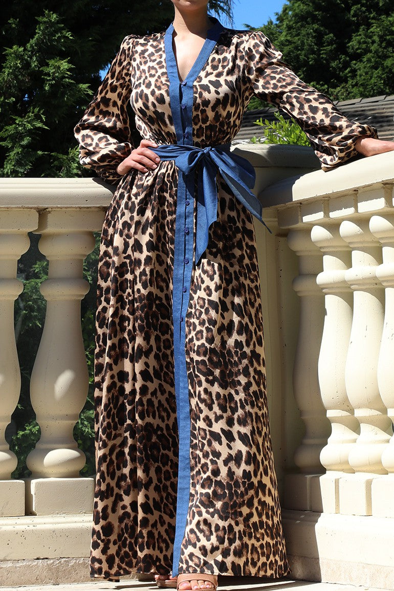 DD6503, LEOPARD PUFF SLEEVES SATIN MAXI DRESS