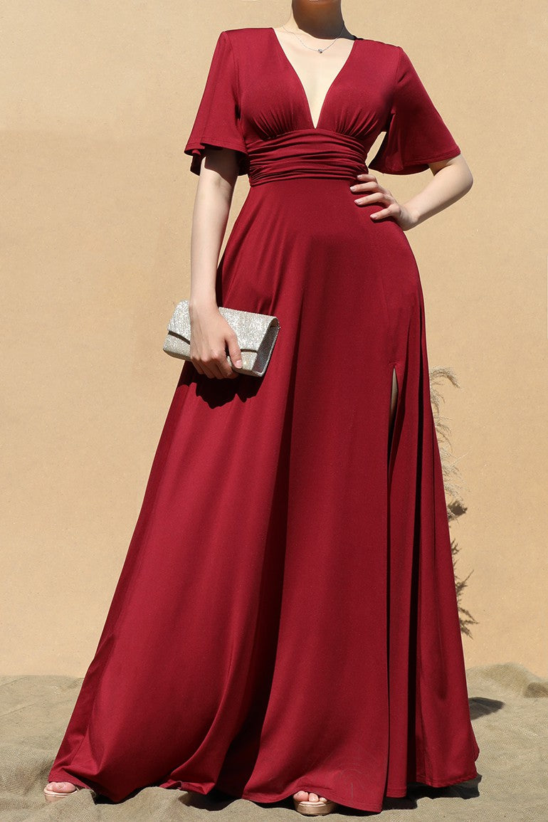 DD3528, V NECK VENETIAN MAXI DRESS