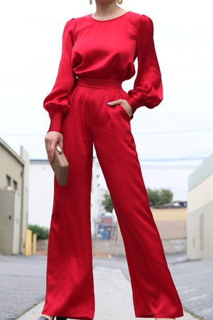 DD1457, PUFF SLEEVES SATIN JUMPSUIT