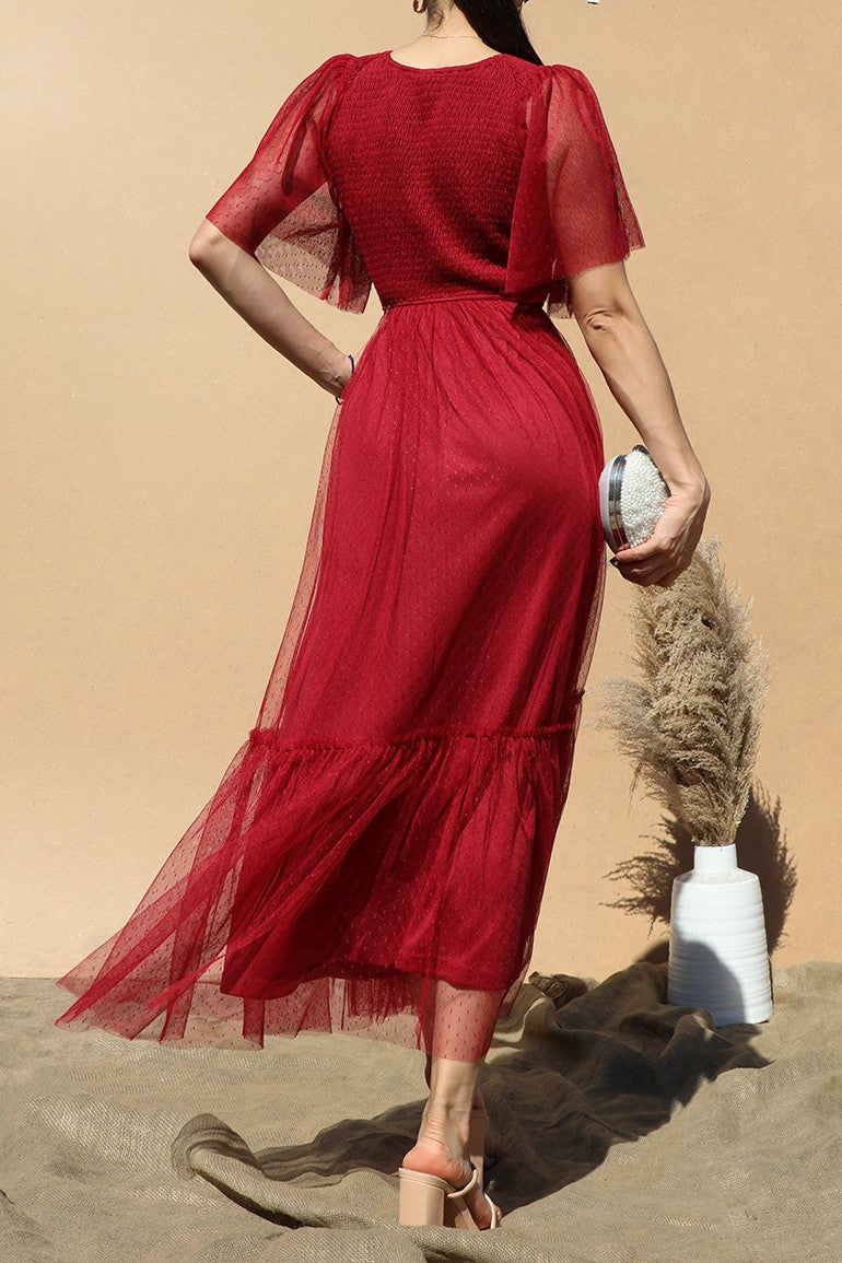 DD4650, RUFFLED MESH LONG DRESS