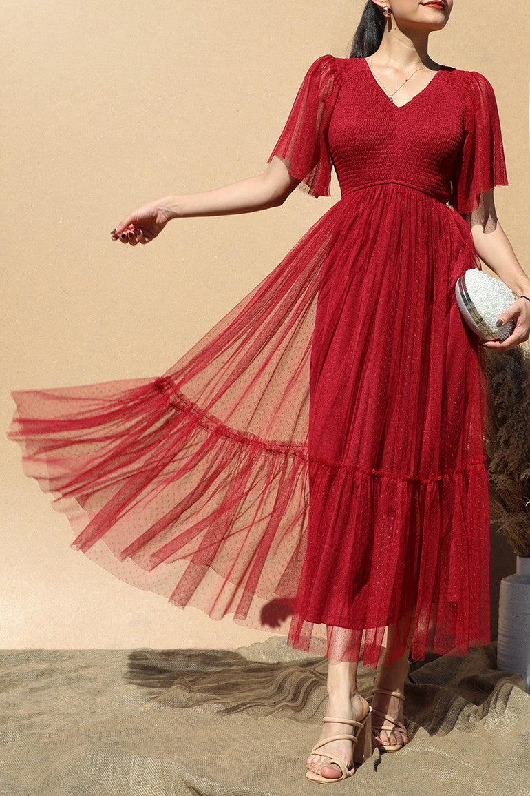 DD4650, RUFFLED MESH LONG DRESS
