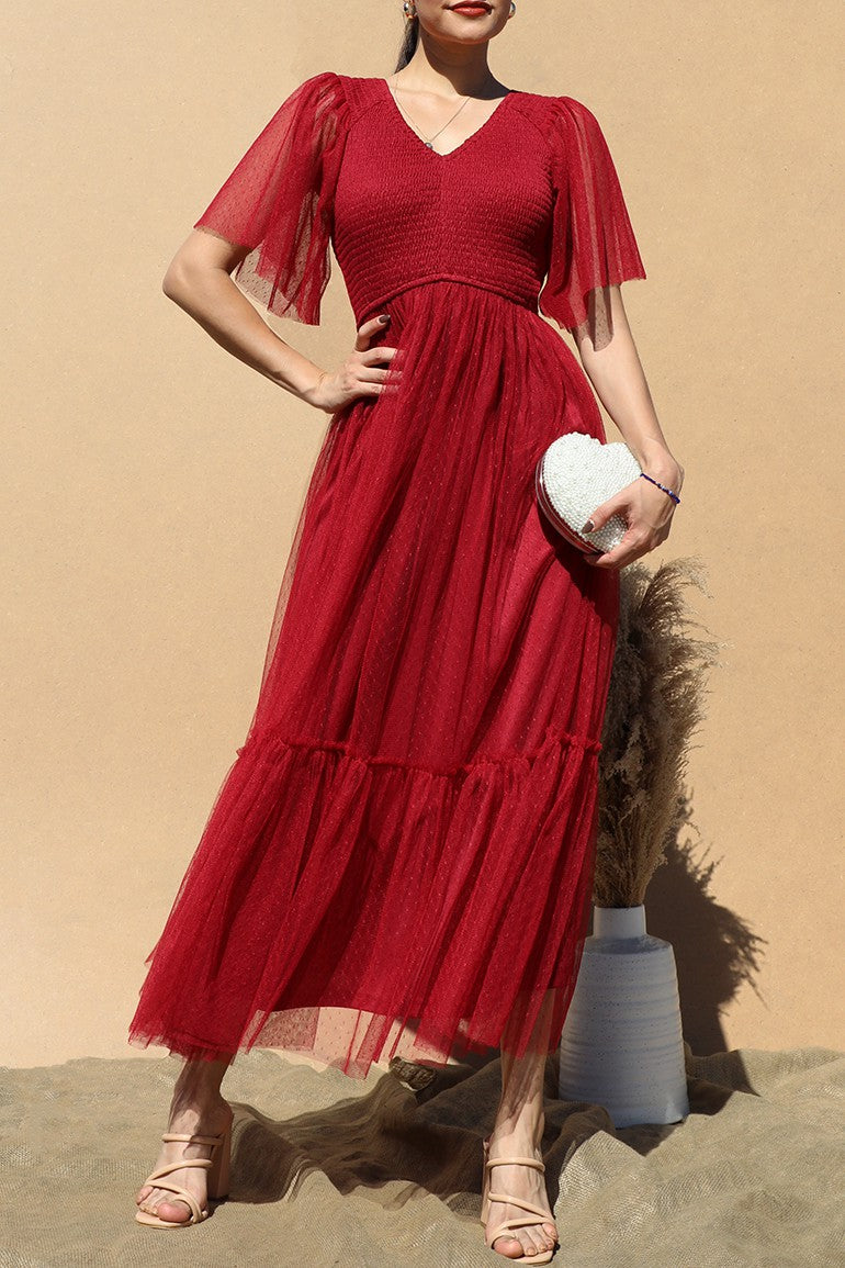 DD4650, RUFFLED MESH LONG DRESS