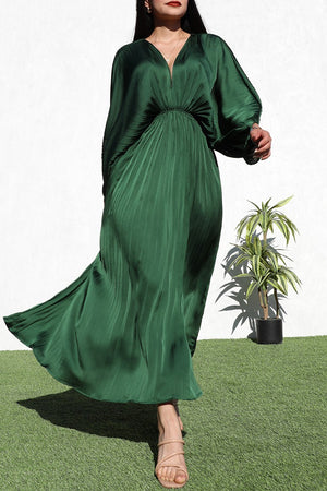 DD4923, PLEATED V NECK SATIN LONG DRESS