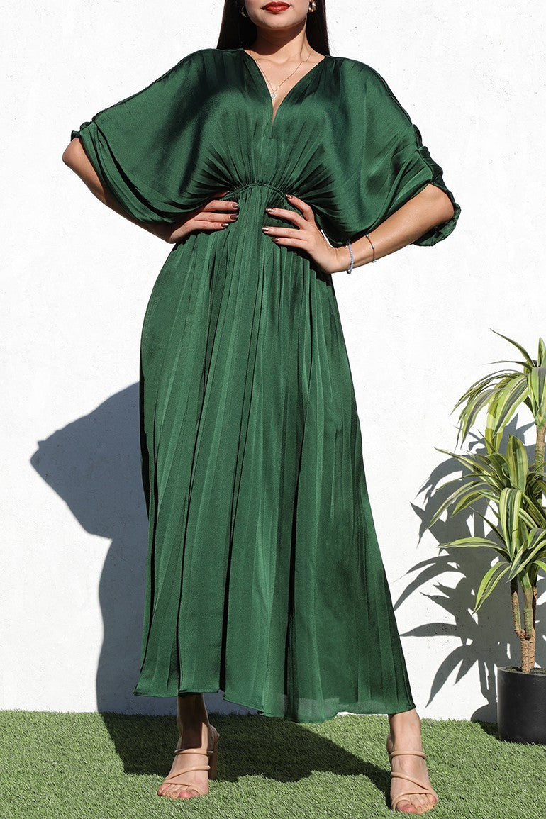 DD4923, PLEATED V NECK SATIN LONG DRESS