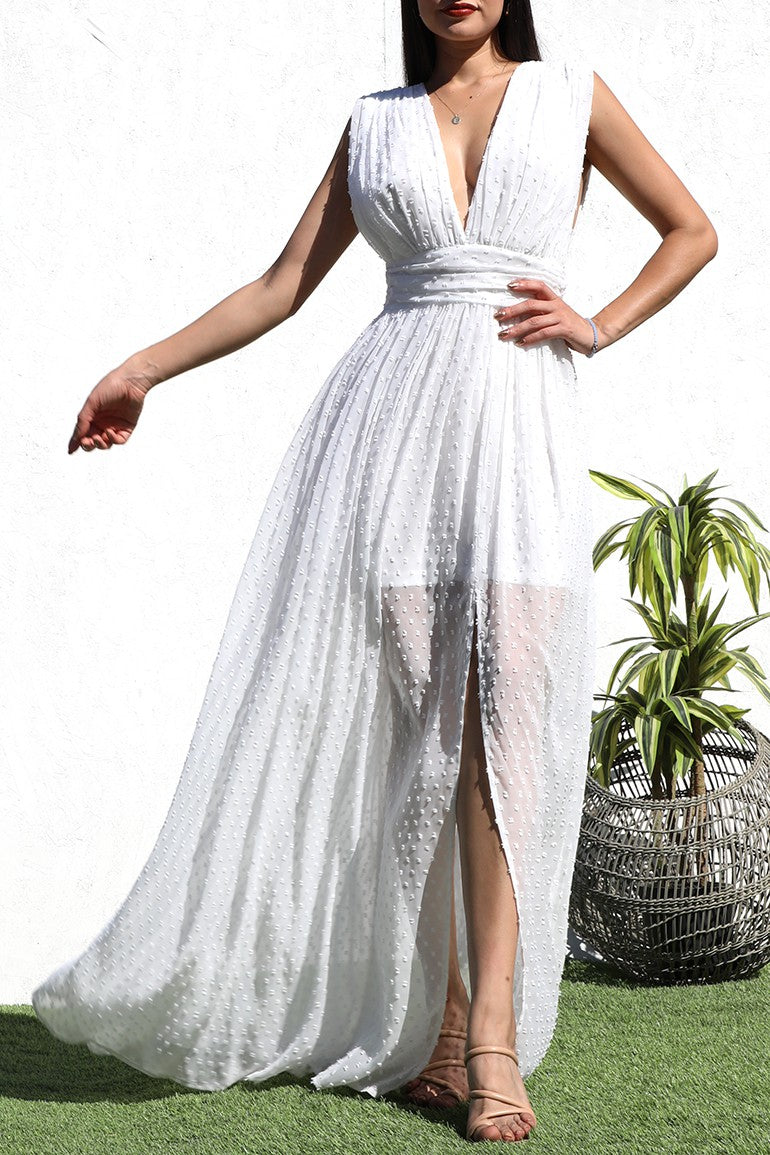 DD7173, SWISS DOT DEEP V NECK WOVEN MAXI DRESS