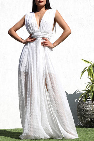 DD7173, SWISS DOT DEEP V NECK WOVEN MAXI DRESS