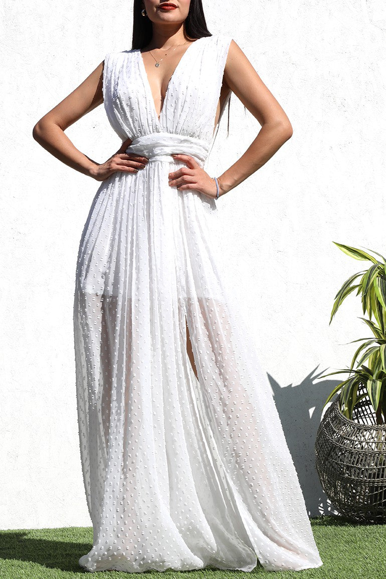 DD7173, SWISS DOT DEEP V NECK WOVEN MAXI DRESS
